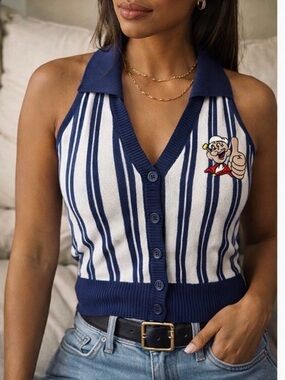Popeye x Unique Vintage Blue/White Striped Halter Top ⚓️ | Rare Collab | Size M